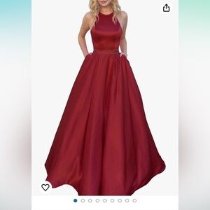 NWT NOVIA Plus Halter Sequined-Sash Satin Dress with Pockets in Deep Red